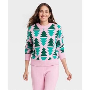 Holiday Pink/Green Christmas Tree Sweater Crew Neck Women's XL Grayson Threads